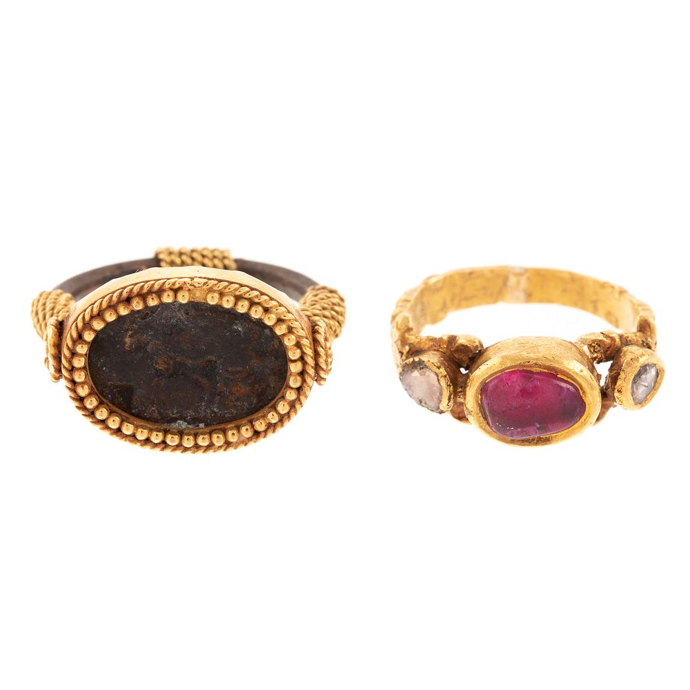 Appraisal: A Pair of K Ruby Diamond Ancient Coin Rings K