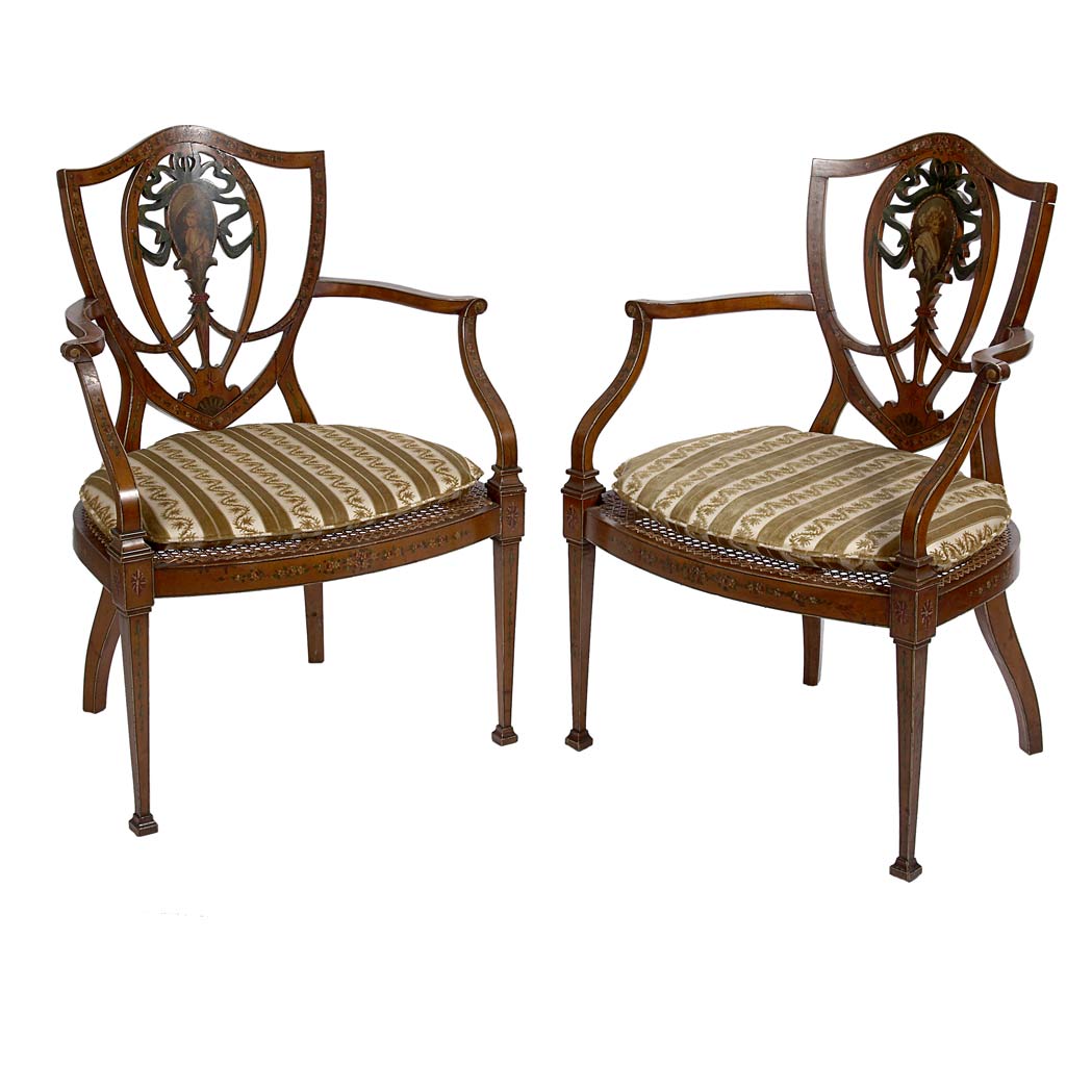 Appraisal: Pair of Edwardian Painted Satinwood Open Armchairs Each shield-shape back