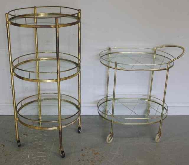 Appraisal: Midcentury Tier Brass and Glass Rolling DessertTable with a Nickel