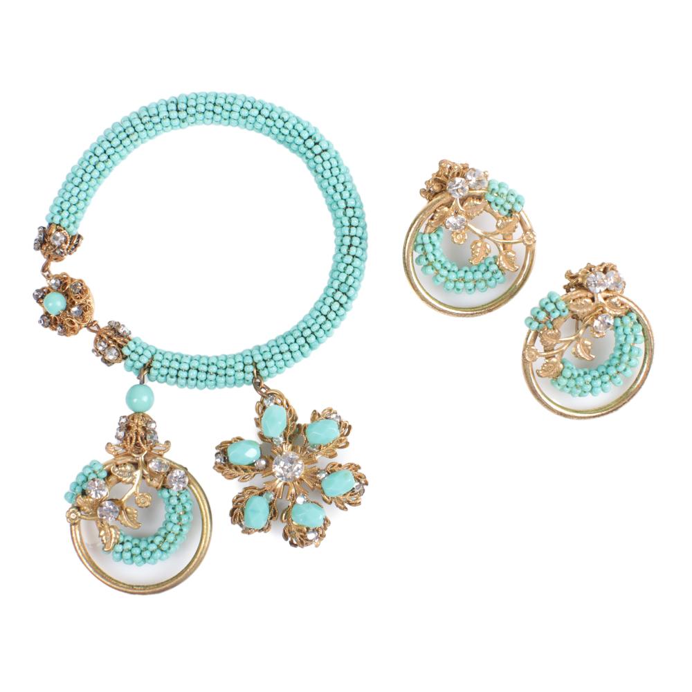 Appraisal: MIRIAM HASKELL BRASS AND TURQUOISE GLASS BEAD BRACELET EARRING SET