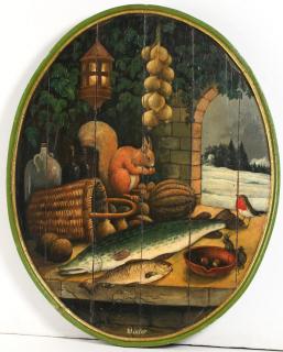 Appraisal: Large English Oil on Oak Panel Still Life Depicting a