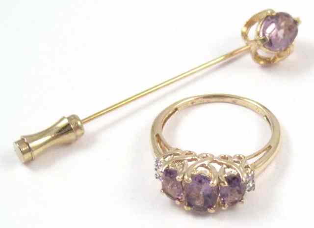 Appraisal: TWO ARTICLES OF AMETHYST JEWELRY including a k gold stick