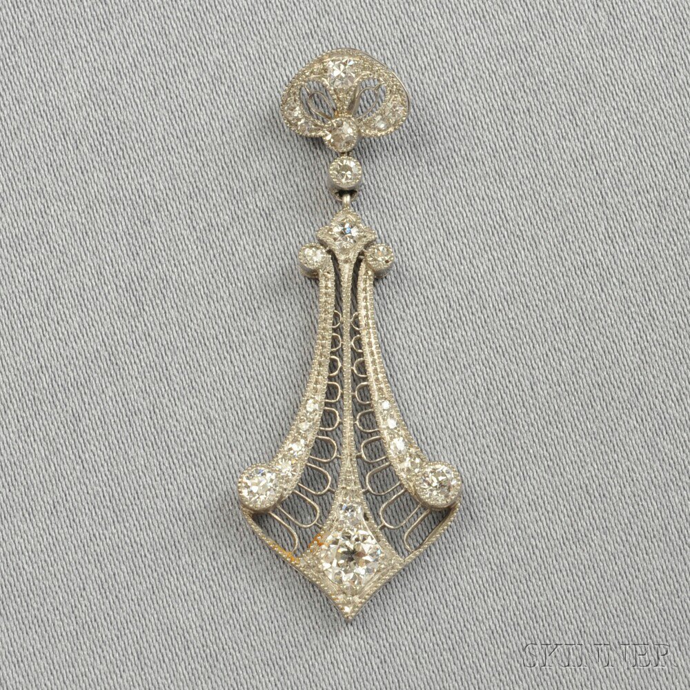 Appraisal: Art Deco Platinum and Diamond Pendant set with old European-