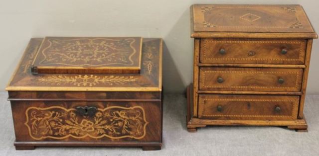 Appraisal: Antique Miniature Inlaid Chest of Drawers with anInlaid Sewing Box