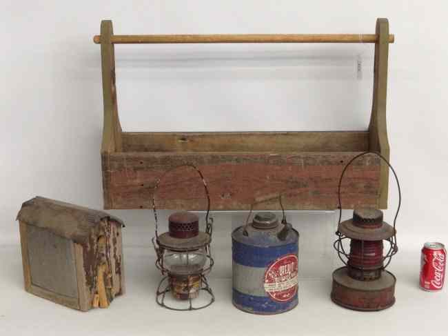 Appraisal: Lot including tool carrier watering can two oil lamps and