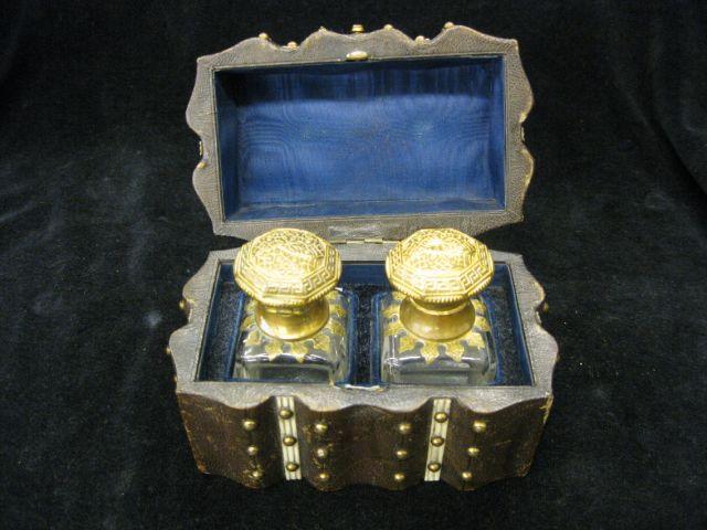 Appraisal: French Victorian Perfume Casket ivory trimmed leather box holding a