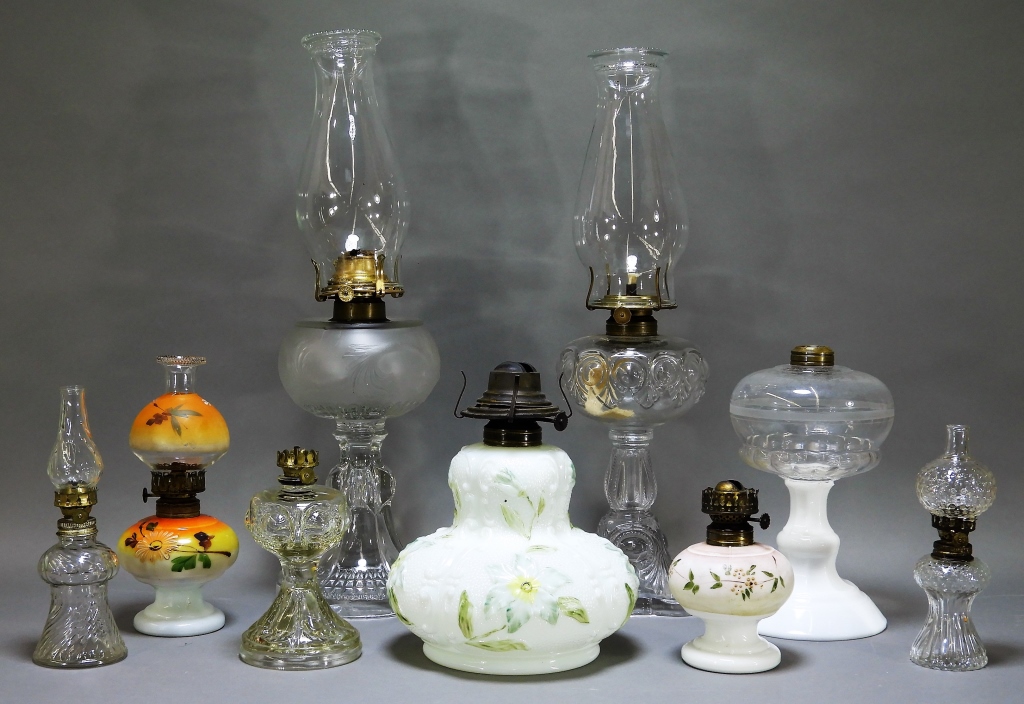 Appraisal: PC ANTIQUE FLINT PRESSED GLASS OIL LAMP GROUP United States