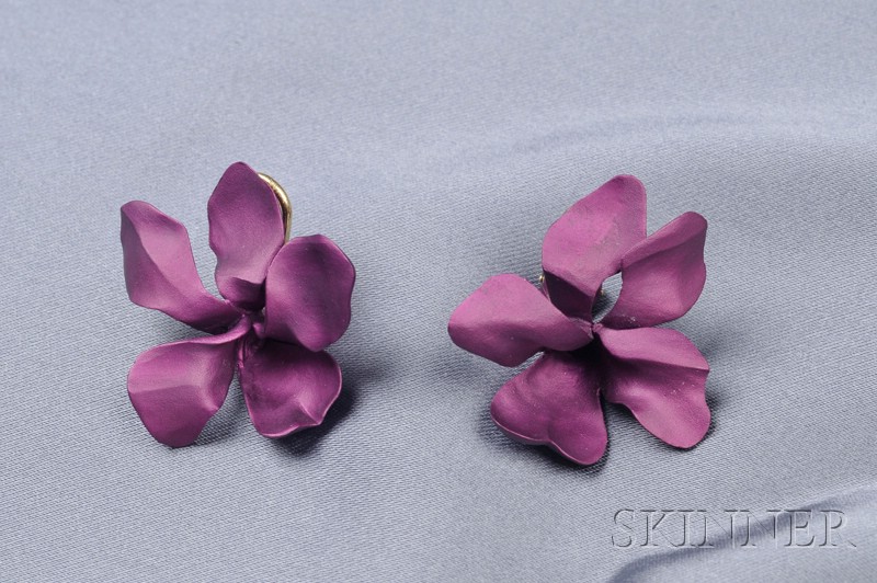 Appraisal: Patinated Violet Earclips JAR Paris lg in signed with pink