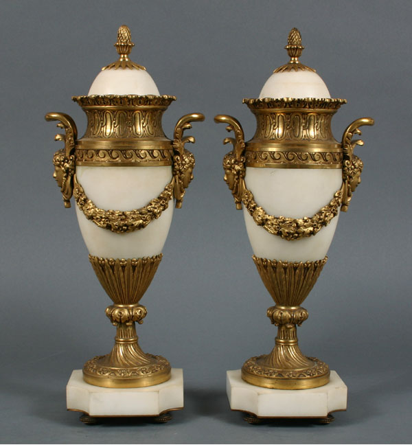 Appraisal: Pair marble lidded vases urns extensive bronze ornamentation classical theme