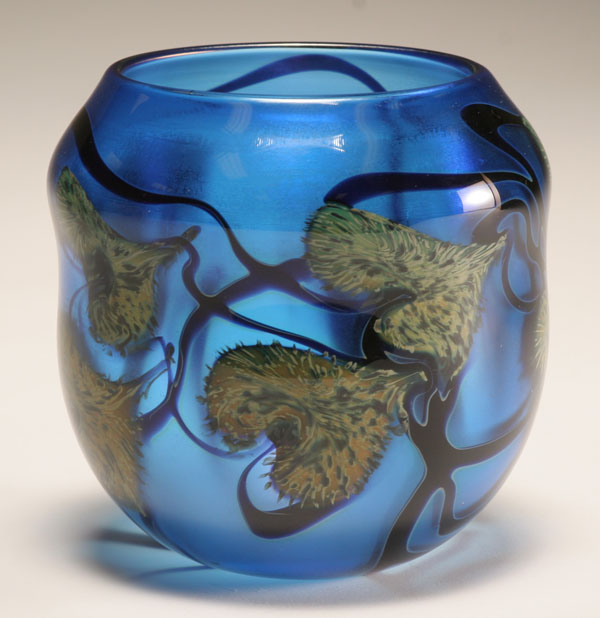 Appraisal: John Lotton blue studio glass vase Green mottled leaves and