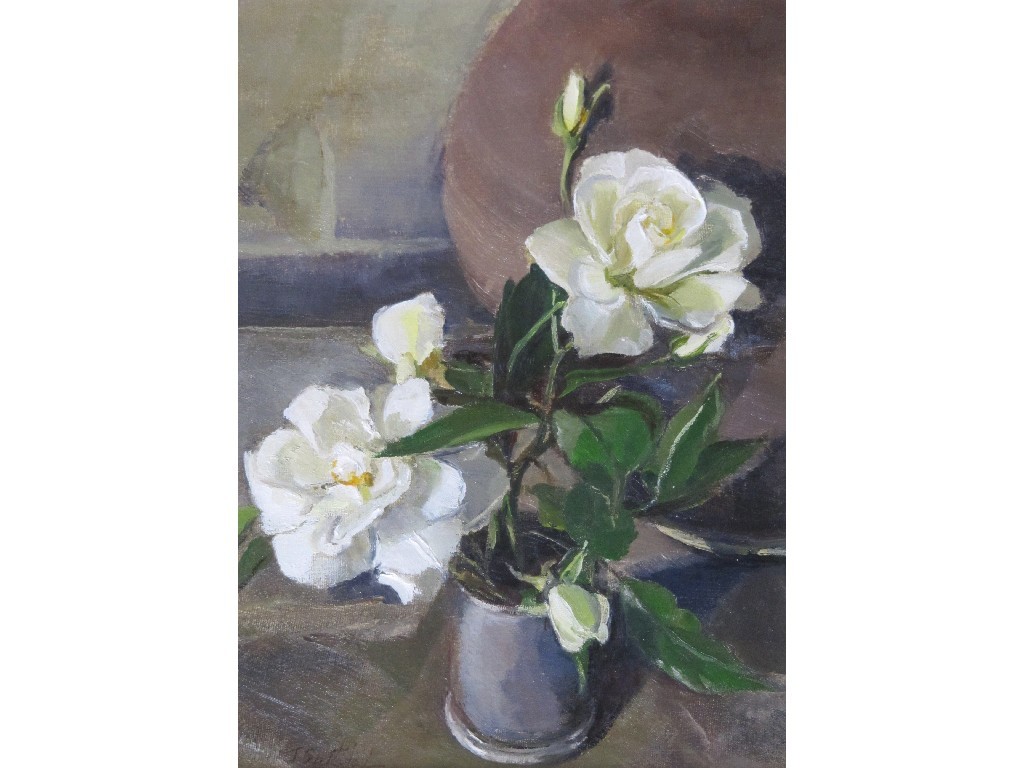 Appraisal: JOAN SUTHERLAND Oil on board 'White Roses' signed recto and