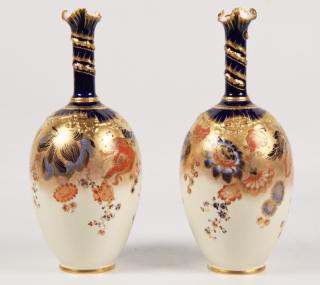 Appraisal: PAIR OF ROYAL CROWN DERBY VASES HAVING BULBOUS BOTTOM WITH