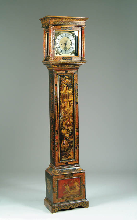 Appraisal: QUEEN ANNE BLACK LACQUER DECORATED GRANDMOTHER CLOCK The case decorated