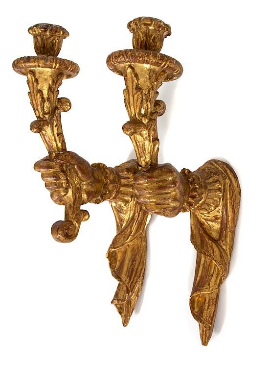 Appraisal: A Pair of Continental Giltwood Sconces Height inches A Pair