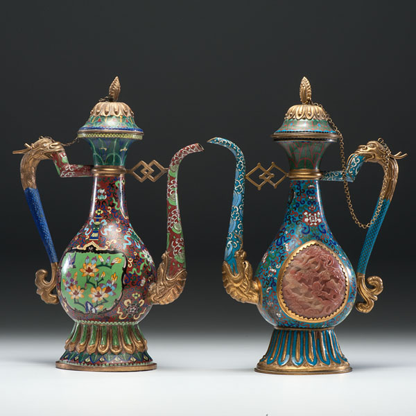 Appraisal: Chinese th century Two lidded cloisonne pitchers with long curvy