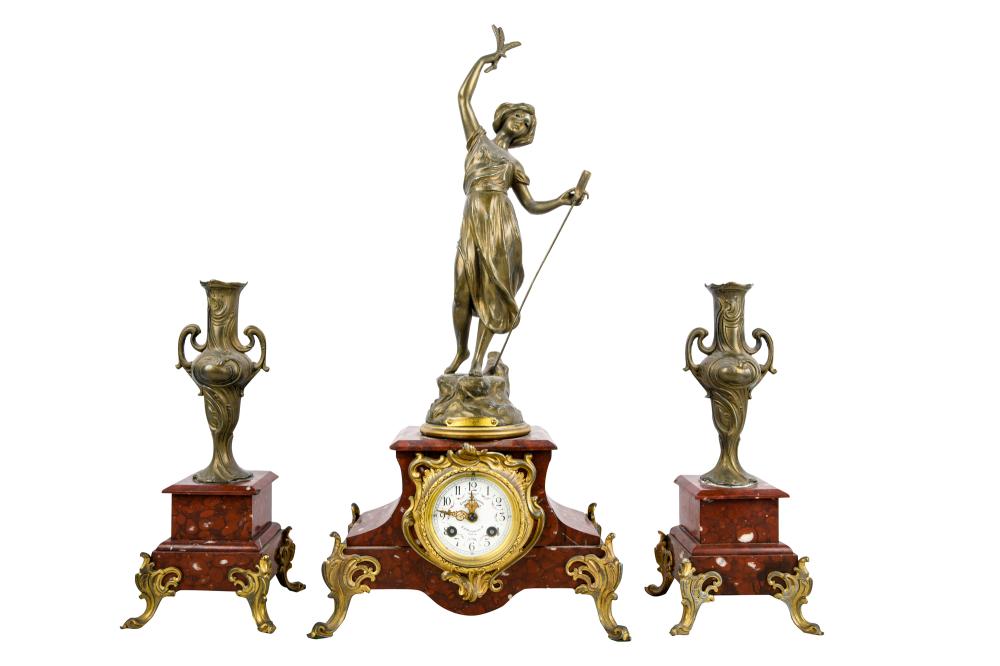 Appraisal: THREE PIECE ROUGE MARBLE CLOCK GARNITURE SETCondition garnitures reattached and