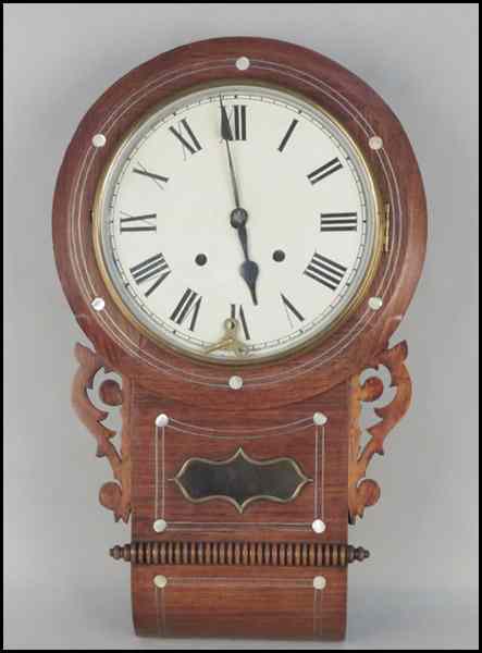 Appraisal: MAHOGANY WALL CLOCK With mother-of-pearl inlay and a key ''