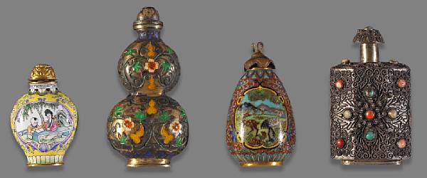 Appraisal: Four metal snuff bottles Comprising a Canton-style enameled bottle painted