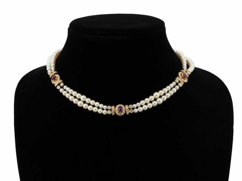 Appraisal: VAN CLEEF PEARL RUBY DIAMOND K YG NECKLACE Van Cleef