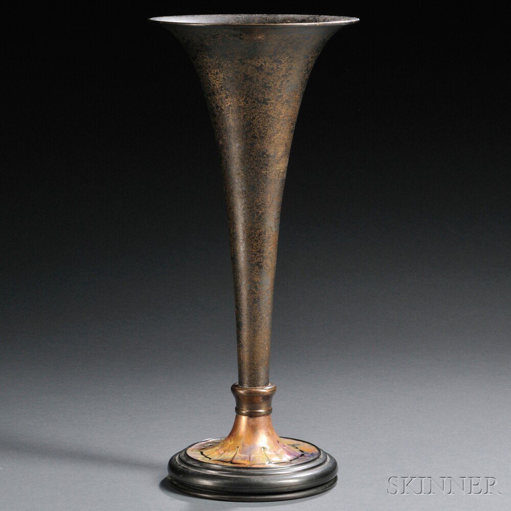 Appraisal: Tiffany Furnaces Trumpet Vase Patinated metal and enamel New York