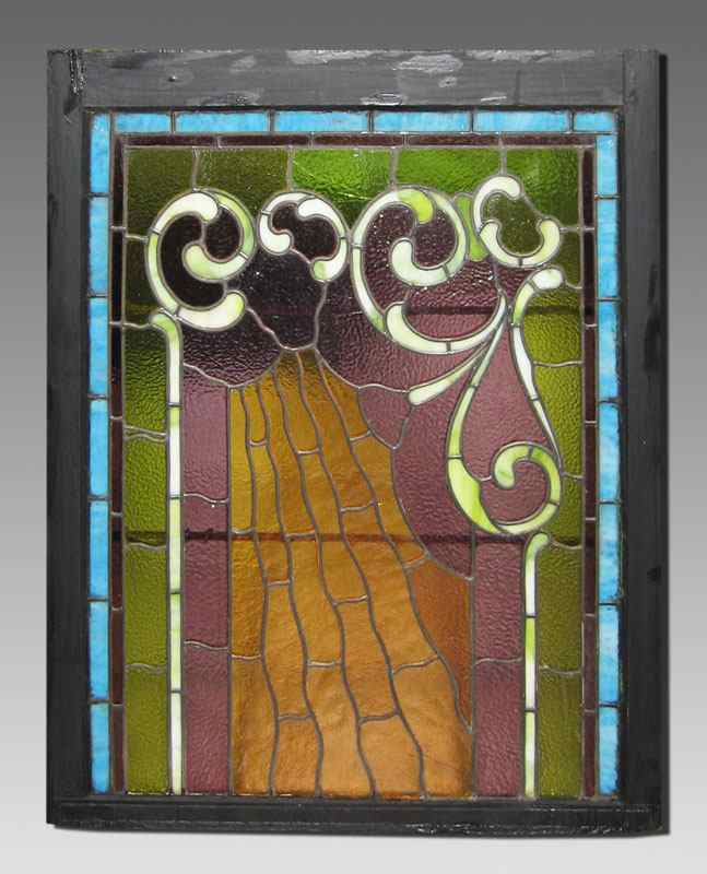 Appraisal: LEADED STAINED GLASS WINDOW Art Nouveau design in textured and