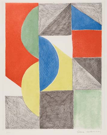 Appraisal: SONIA DELAUNAY Rectangular Composition with Semicircles and Triangles Color lithograph