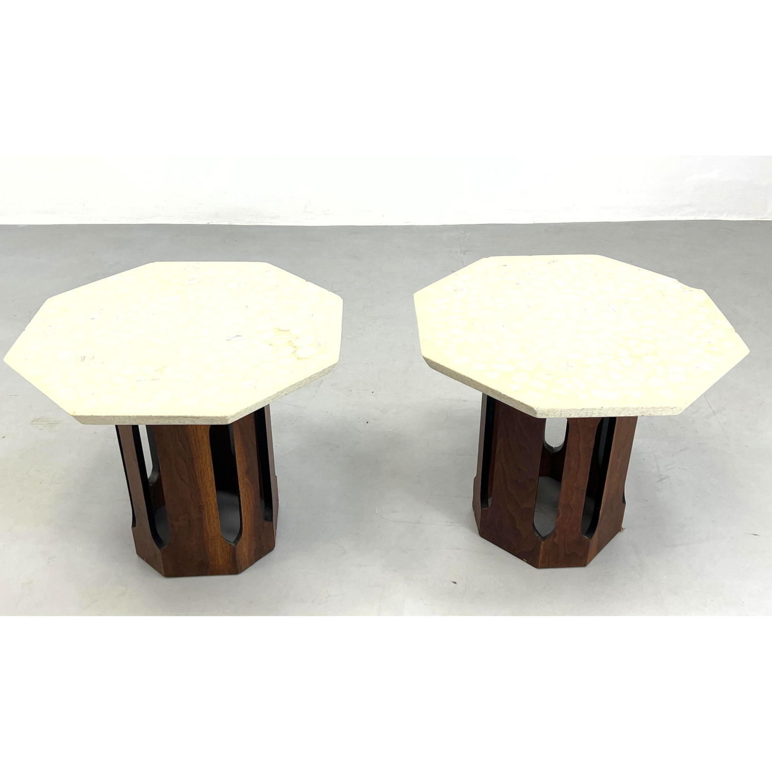 Appraisal: Pr Harvey Probber Walnut Terrazzo Side Tables as-is need restoration