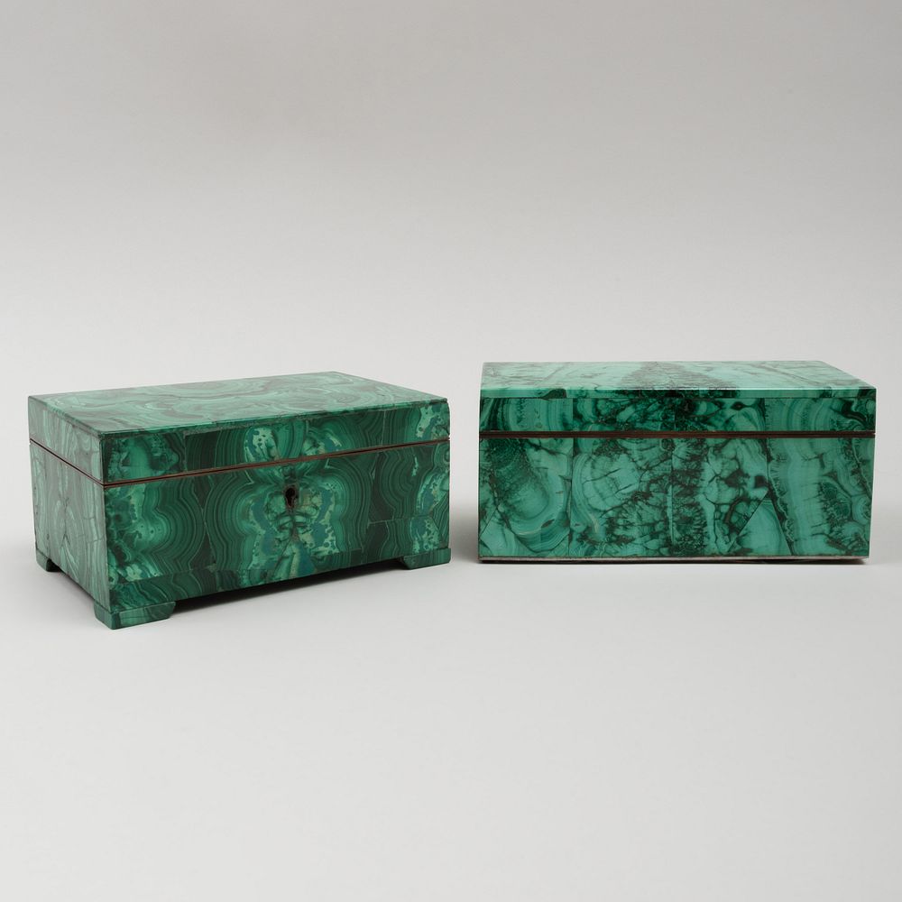 Appraisal: Two Continental Malachite Jewelry Boxes with Hinged Covers Each with