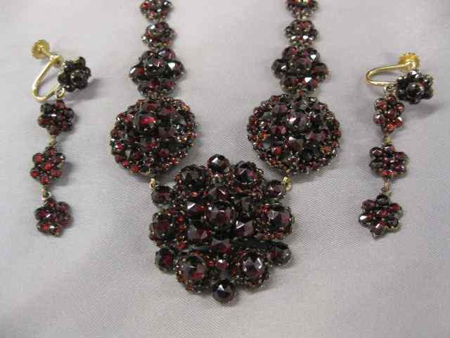 Appraisal: Victorian Bohemian Garnet Necklace Earrings floral clusters '' long necklace