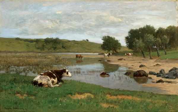 Appraisal: EUGEN JETTEL Austrian - Cows Watering oil on canvas signed