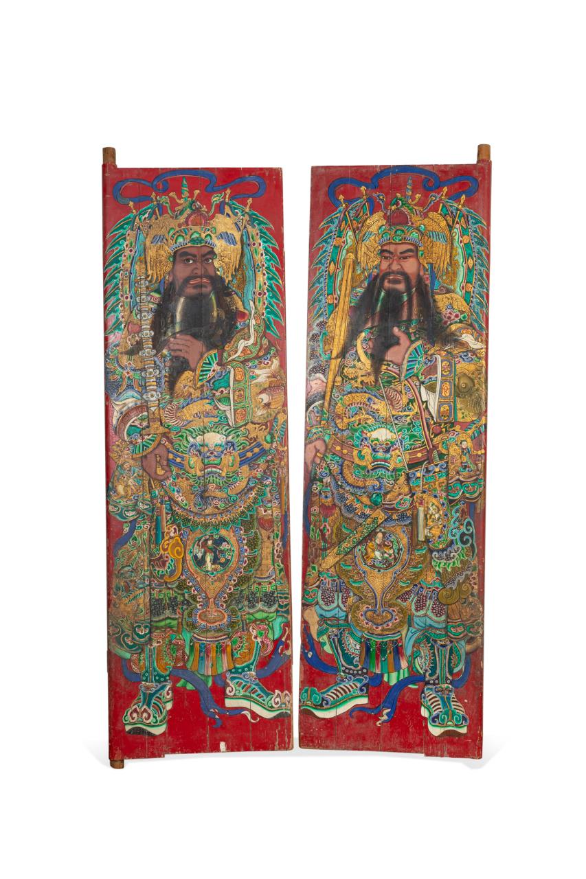 Appraisal: PR MONUMENTAL POLYCHROME FIGURAL DOORS Pair of Chinese monumental red