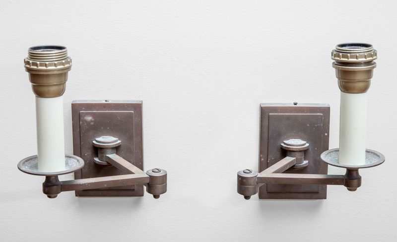 Appraisal: PAIR OF PATINATED BRASS SWING-ARM WALL LIGHTS x x in