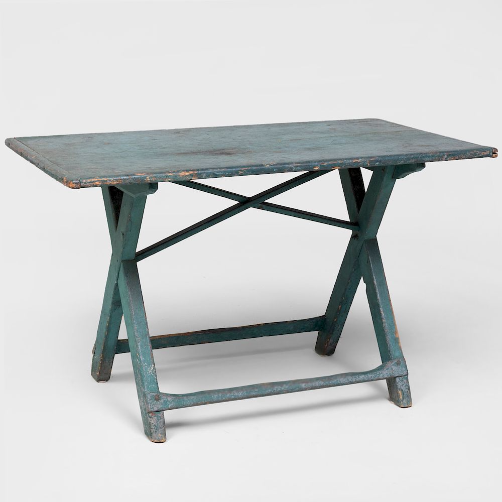 Appraisal: Small Green Painted Trestle Work Table x x in The