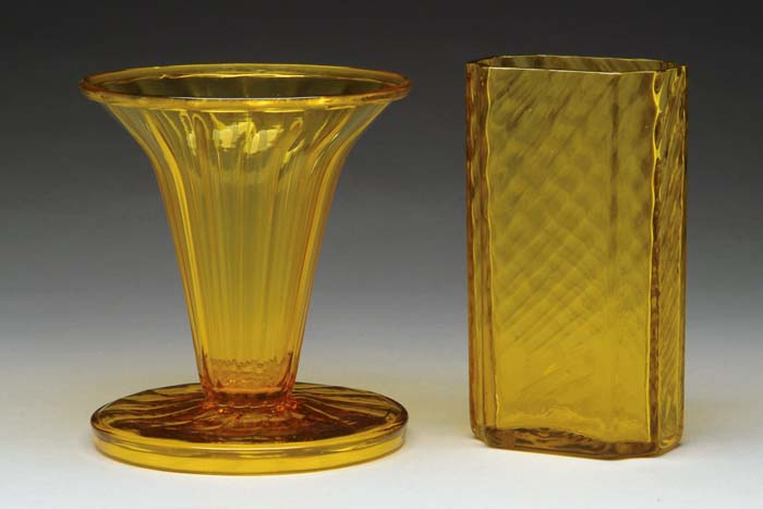 Appraisal: TWO BRISTOL YELLOW GLASS VASES Attributed to Steuben Vertical ribbing