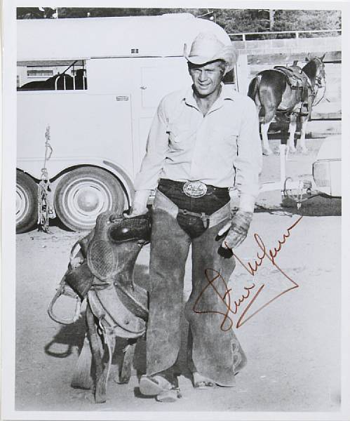 Appraisal: One signed photograph of Steve McQueen on the set of