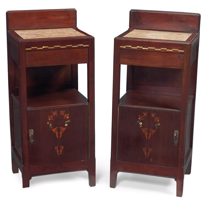 Appraisal: European Arts Crafts nightstands pair in mahogany with inlaid design