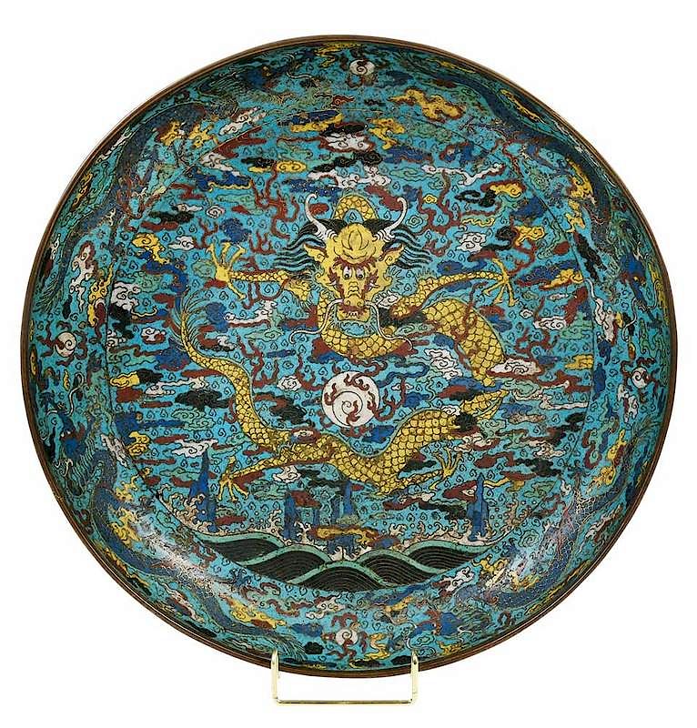 Appraisal: Chinese Cloisonne Dragon Charger Qing dynasty wide charger with dragon