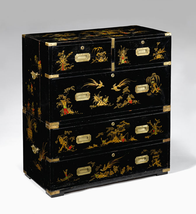 Appraisal: English brass-bound lacquer campaign chest th century jappaning later In