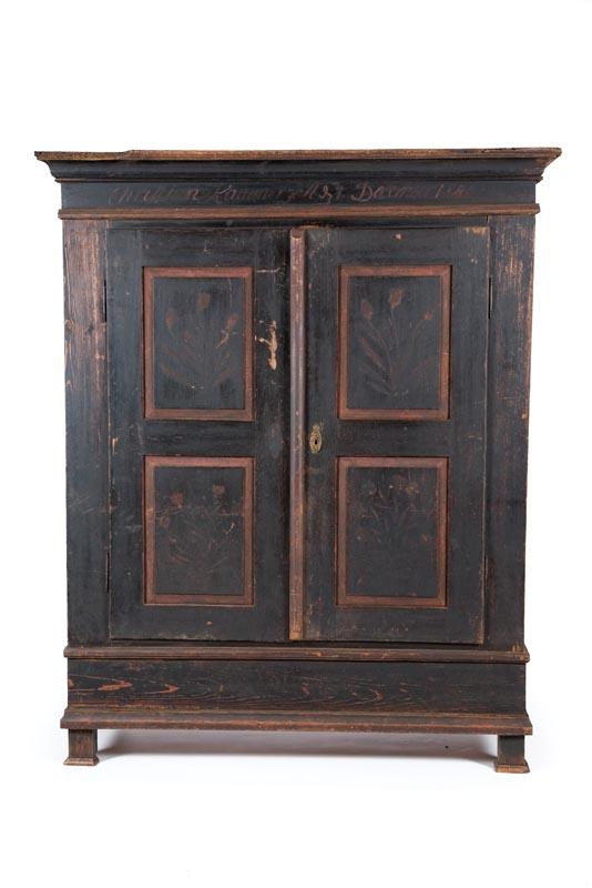 Appraisal: DECORATED SCHRANK Midwestern or Alsatian dated pine Knock-down-type with paneled