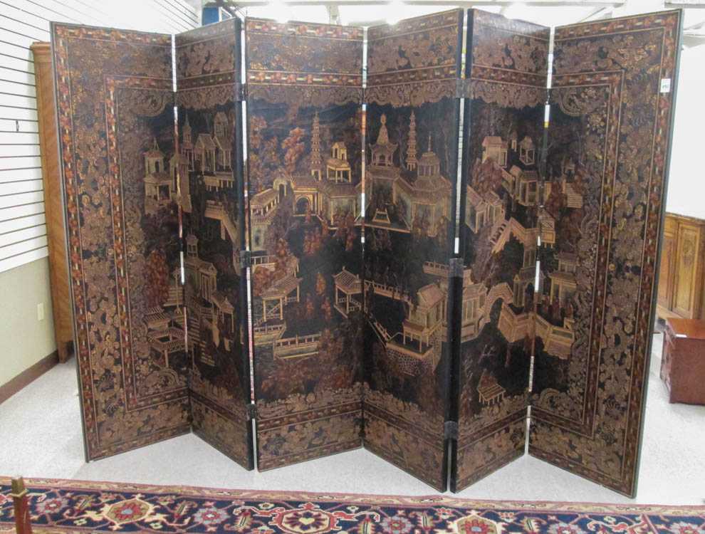 Appraisal: LARGE SIX-PANEL FLOOR SCREEN Chinese export th century an incise-carved