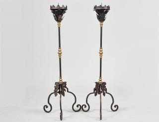 Appraisal: PAIR OF RENAISSANCE STYLE WROUGHT IRON AND BRASS TORCHIERES Each