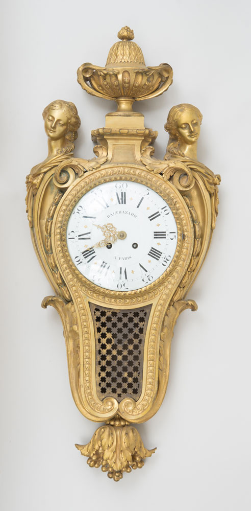 Appraisal: LOUIS XVI STYLE GILT-BRONZE CARTEL CLOCK The enamel dial signed