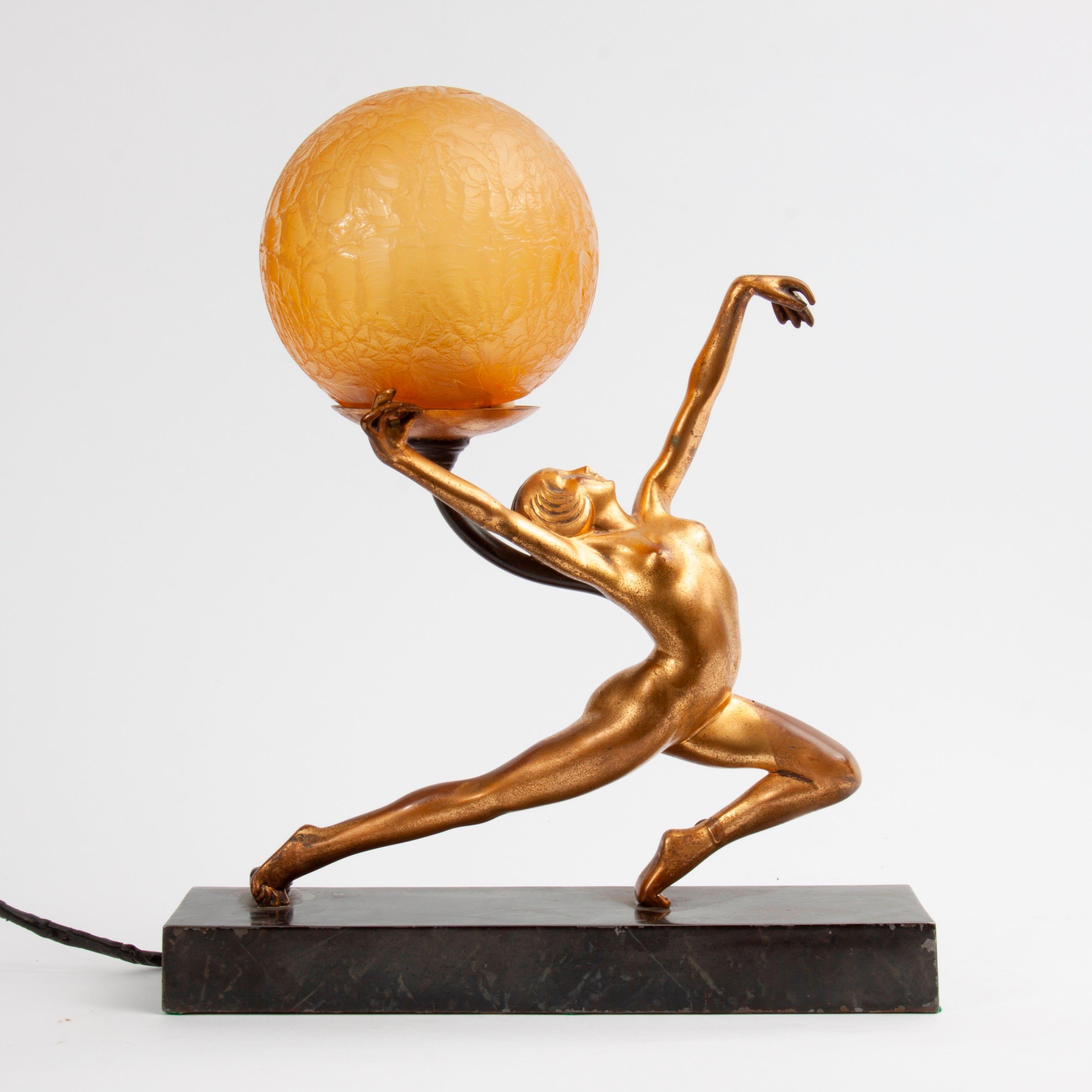 Appraisal: FIGURAL NUDE ART DECO LAMP WITH CRACKLE GLASS GLOBE A