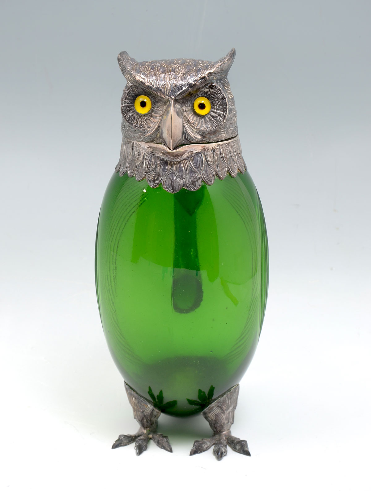 Appraisal: SPANISH STERLING CUT GLASS OWL FORM CLARET Spanish green glass