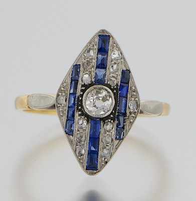 Appraisal: An Art Deco Style Diamond and Sapphire Ring Platinum topped