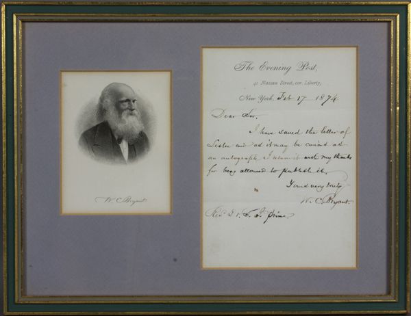 Appraisal: Autographed signed letter written by William Cullen Bryant dated February