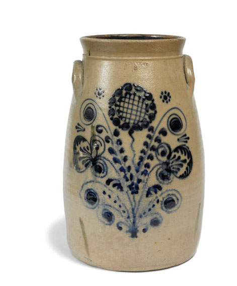 Appraisal: STONEWARE CHURN WITH BOLD COBALT FLORAL DECORATION Albany New York