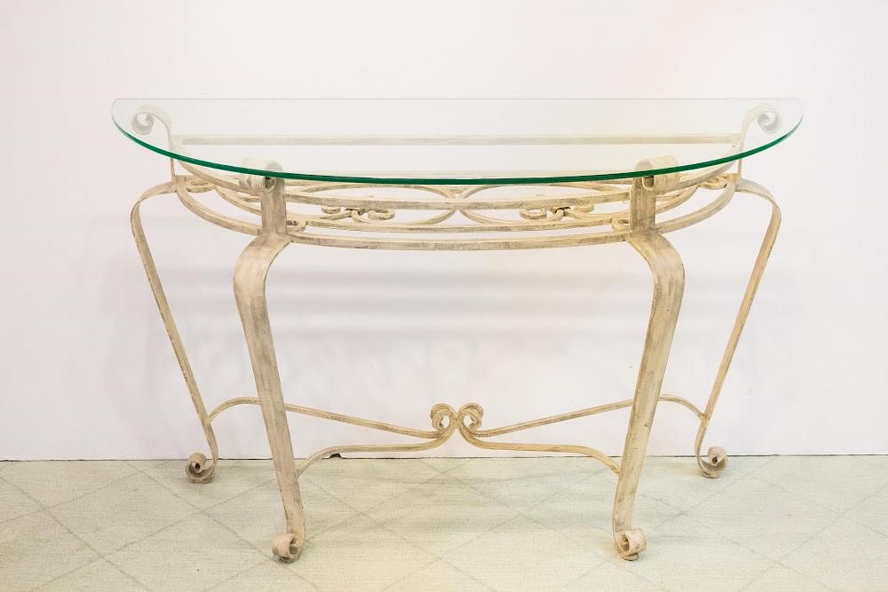 Appraisal: Mid-Century Modern Wrought Iron Console Table Mid-Century Modern demilune console