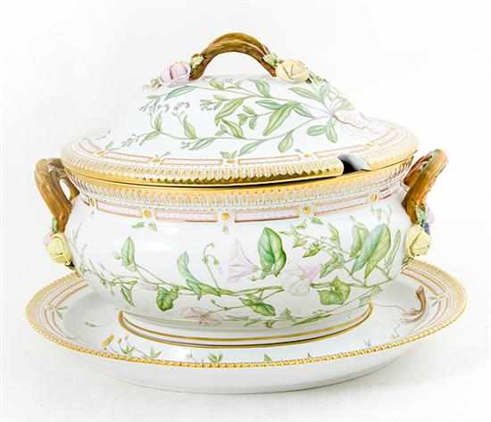 Appraisal: Royal Copenhagen Flora Danica porcelain tureen on stand applied floral