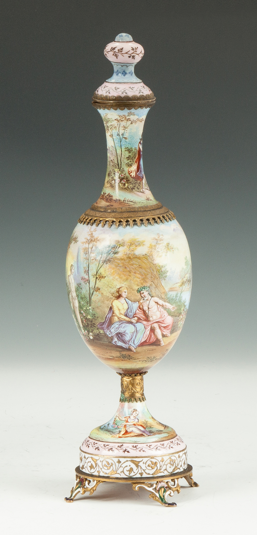 Appraisal: Viennese Enamel on Copper Covered Vase th cent Romantic figures